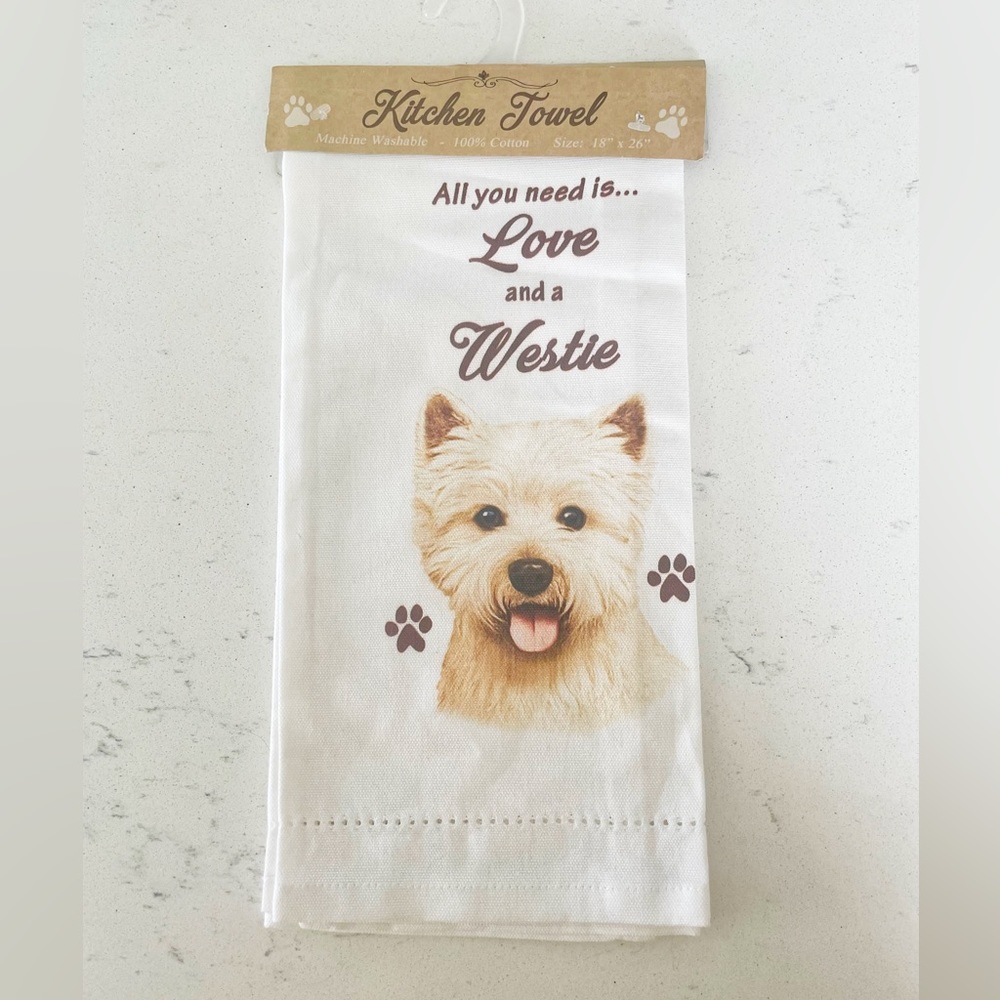 🔴 3 for $15 All You Need Is Love and a Westie Dog Tea Towel NWT